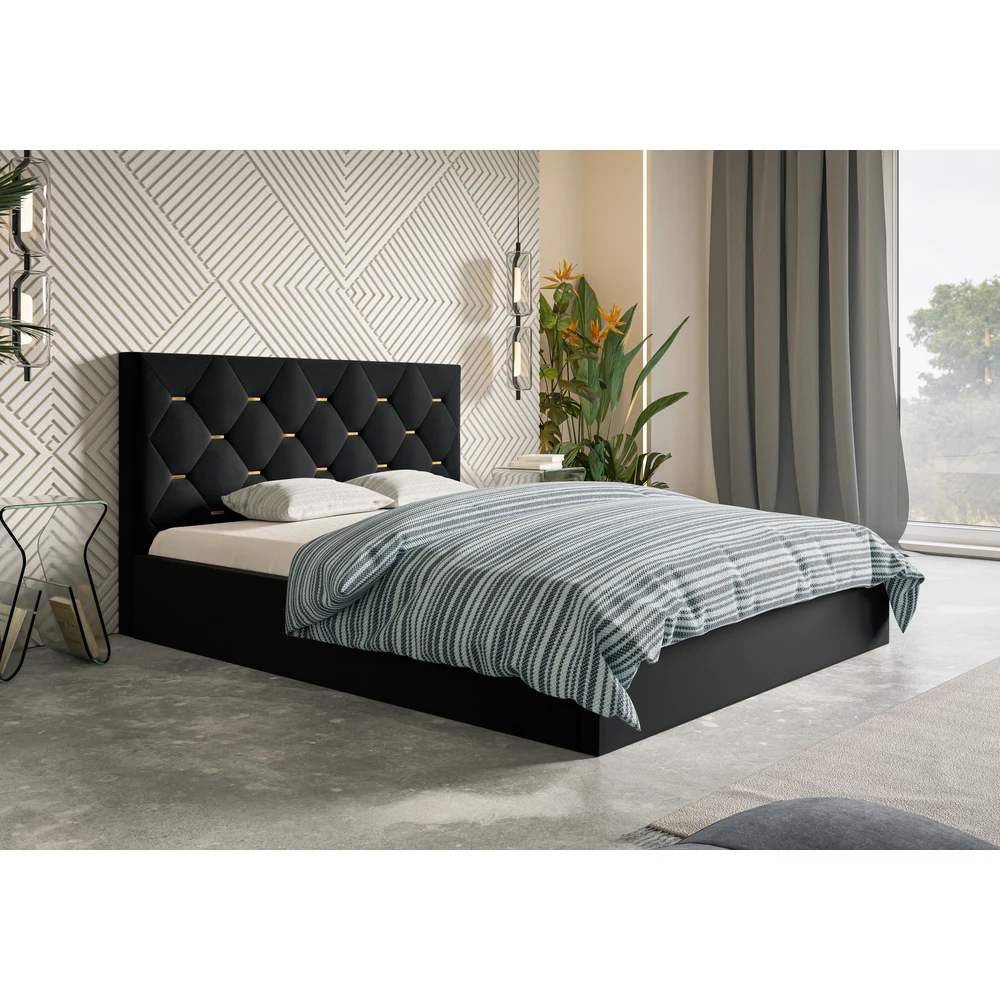Łóżko tapicerowane z pojemnikiem i stelażem 180x200 cm granatowe do sypialni PURE Czarne nowoczesne łóżko z pojemnikiem i stelażem do sypialni 180x200 cm PURE