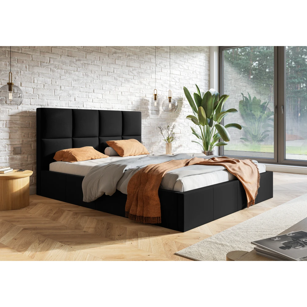Beżowe welurowe łóżko tapicerowane 120x200 cm z pojemnikiem COMFY Dwuosobowe łóżko tapicerowane 120x200 cm z pojemnikiem COMFY czarne