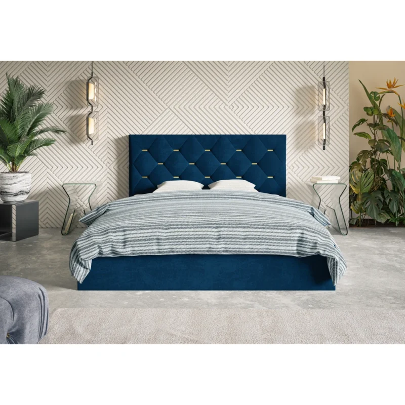 Łóżko tapicerowane z pojemnikiem i stelażem 180x200 cm granatowe do sypialni PURE Łóżko tapicerowane z pojemnikiem i stelażem 180x200 cm granatowe do sypialni PURE