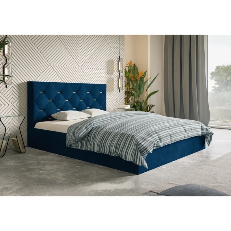 Łóżko tapicerowane z pojemnikiem i stelażem 180x200 cm granatowe do sypialni PURE Łóżko tapicerowane z pojemnikiem i stelażem 180x200 cm granatowe do sypialni PURE