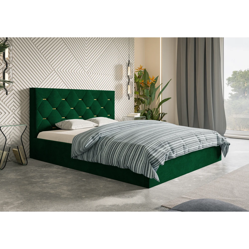 Łóżko tapicerowane z pojemnikiem i stelażem 180x200 cm granatowe do sypialni PURE Małżeńskie łóżko tapicerowane ze stelażem i pojemnikiem 180x200 cm PURE butelkowa zieleń