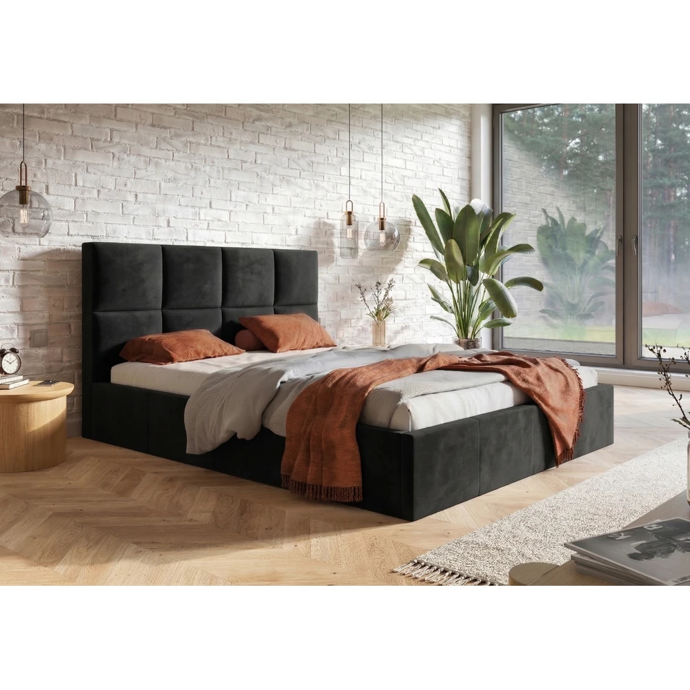 Beżowe welurowe łóżko tapicerowane 120x200 cm z pojemnikiem COMFY Łóżko tapicerowane 120x200 z pojemnikiem COMFY czarny welur
