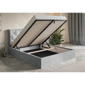 Czarne nowoczesne łóżko tapicerowane z pojemnikiem i metalowym stelażem 200x200 cm PURE Czarne nowoczesne łóżko tapicerowane z pojemnikiem i metalowym stelażem 200x200 cm PURE