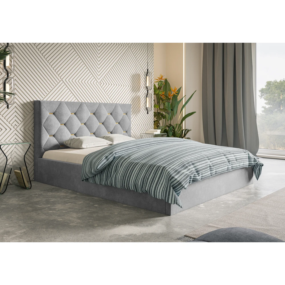 Łóżko tapicerowane z pojemnikiem i stelażem 180x200 cm granatowe do sypialni PURE Szare łóżko tapicerowane do sypialni z pojemnikiem na pościel 180x200 cm PURE