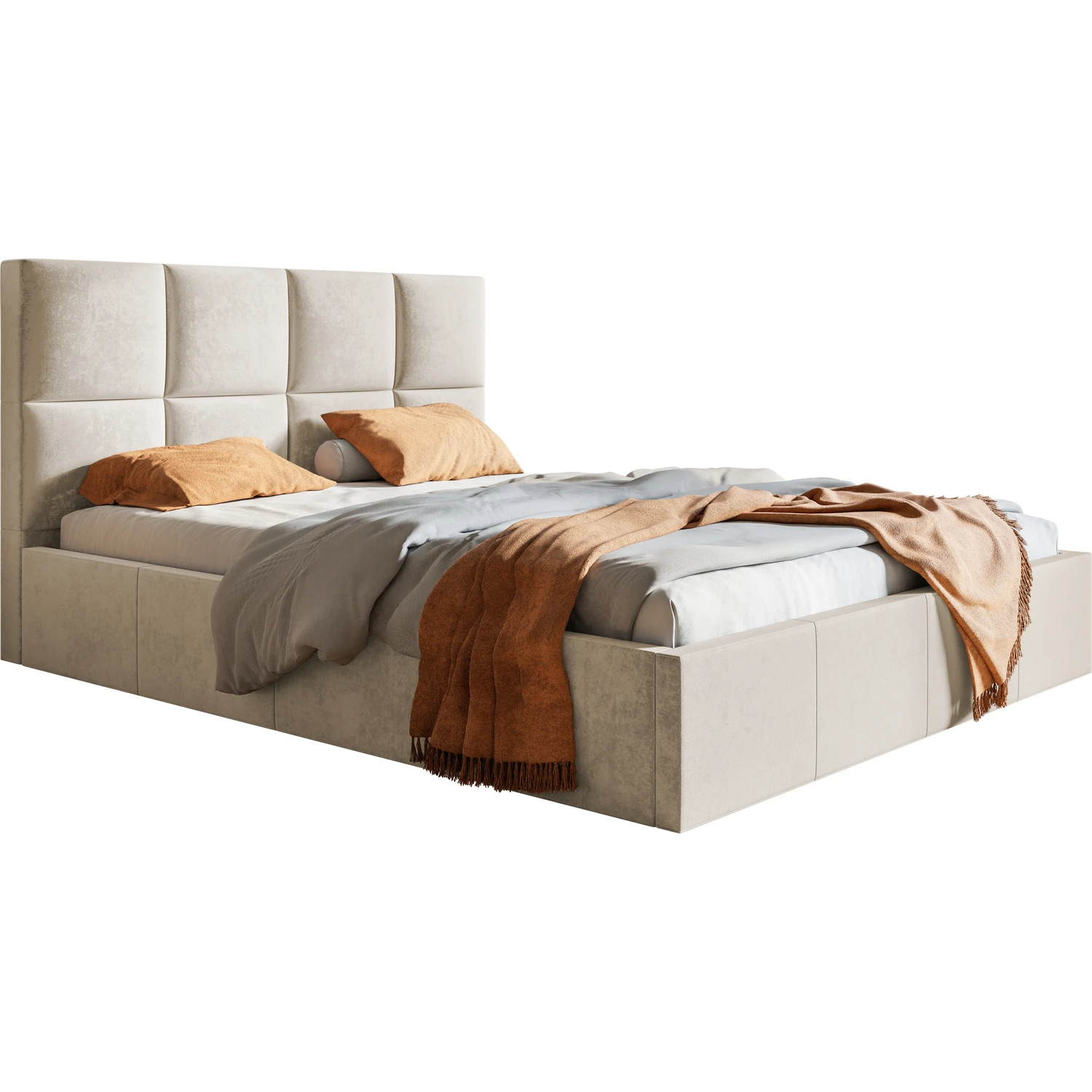 Beżowe łóżko sypialniane 180x200 welur z pojemnikiem na pościel COMFY Beżowe łóżko sypialniane 180x200 welur z pojemnikiem na pościel COMFY
