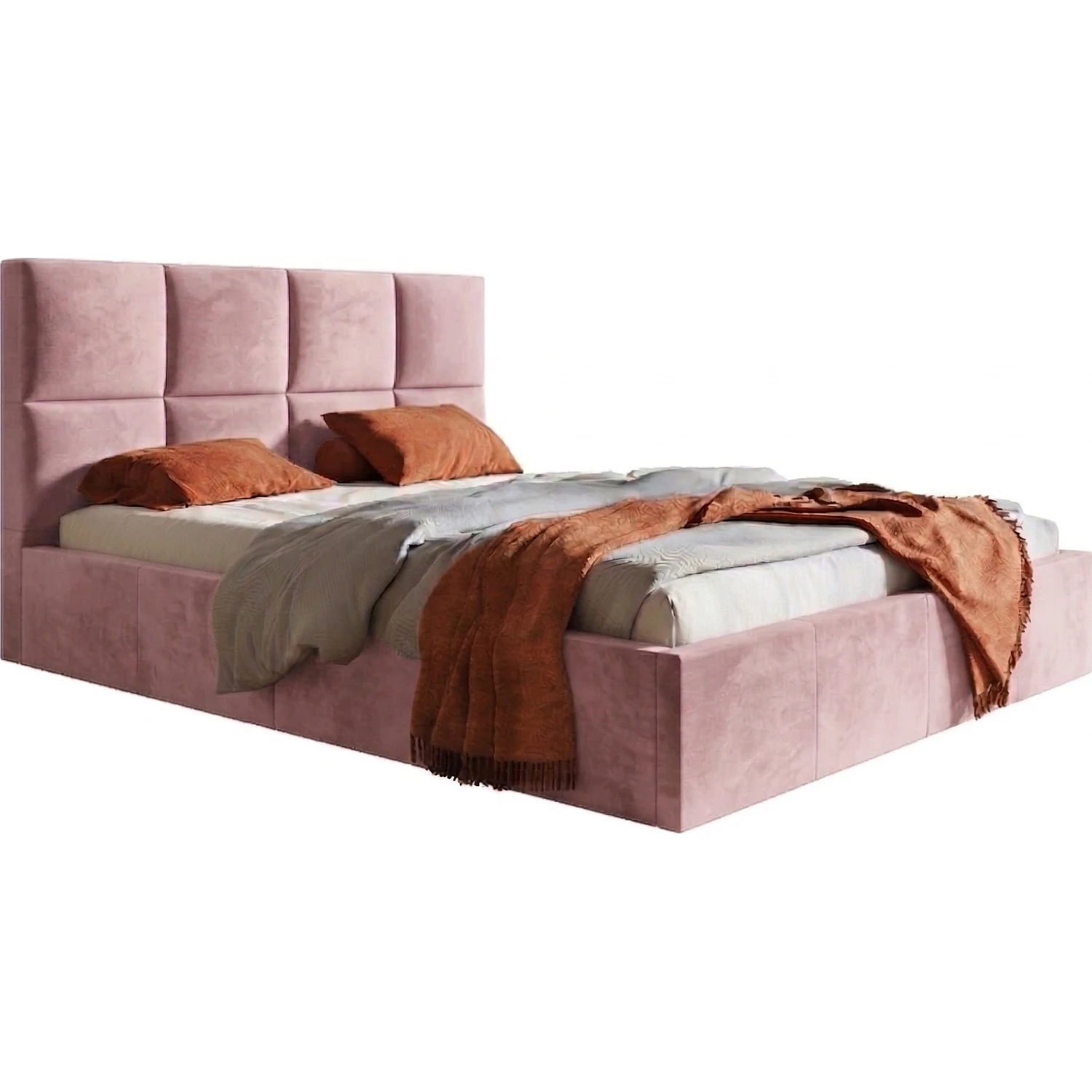 Beżowe łóżko sypialniane 180x200 welur z pojemnikiem na pościel COMFY Łóżko dwuosobowe różowe 180x200 tapicerowane z pojemnikiem COMFY