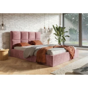Różowe łóżko tapicerowane 140x200 welur ze schowkiem COMFY Różowe łóżko tapicerowane 140x200 welur ze schowkiem COMFY