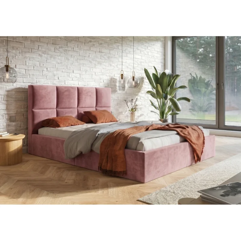 Różowe łóżko tapicerowane 120x200 z pojemnikiem COMFY welur Różowe łóżko tapicerowane 120x200 z pojemnikiem COMFY welur