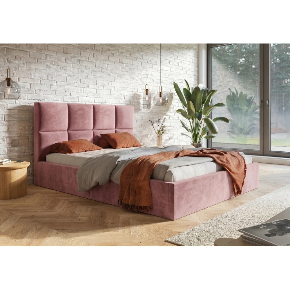 Beżowe welurowe łóżko tapicerowane 120x200 cm z pojemnikiem COMFY Różowe łóżko tapicerowane 120x200 z pojemnikiem COMFY welur