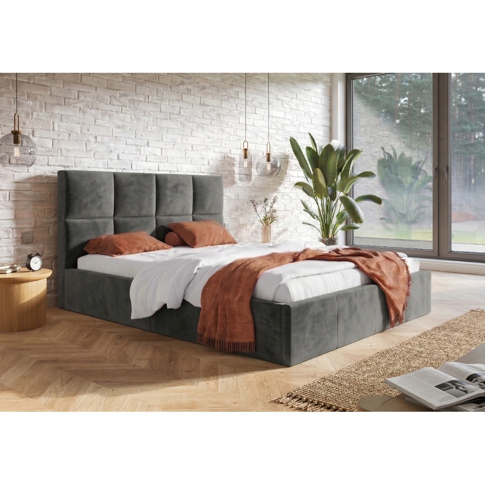 Beżowe welurowe łóżko tapicerowane 120x200 cm z pojemnikiem COMFY Łóżko tapicerowane 120x200 z pojemnikiem COMFY szare welurowe