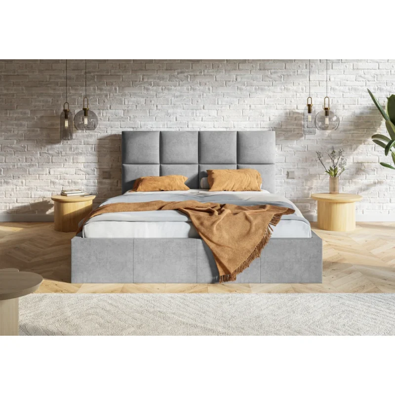 Beżowe welurowe łóżko tapicerowane 120x200 cm z pojemnikiem COMFY Beżowe welurowe łóżko tapicerowane 120x200 cm z pojemnikiem COMFY