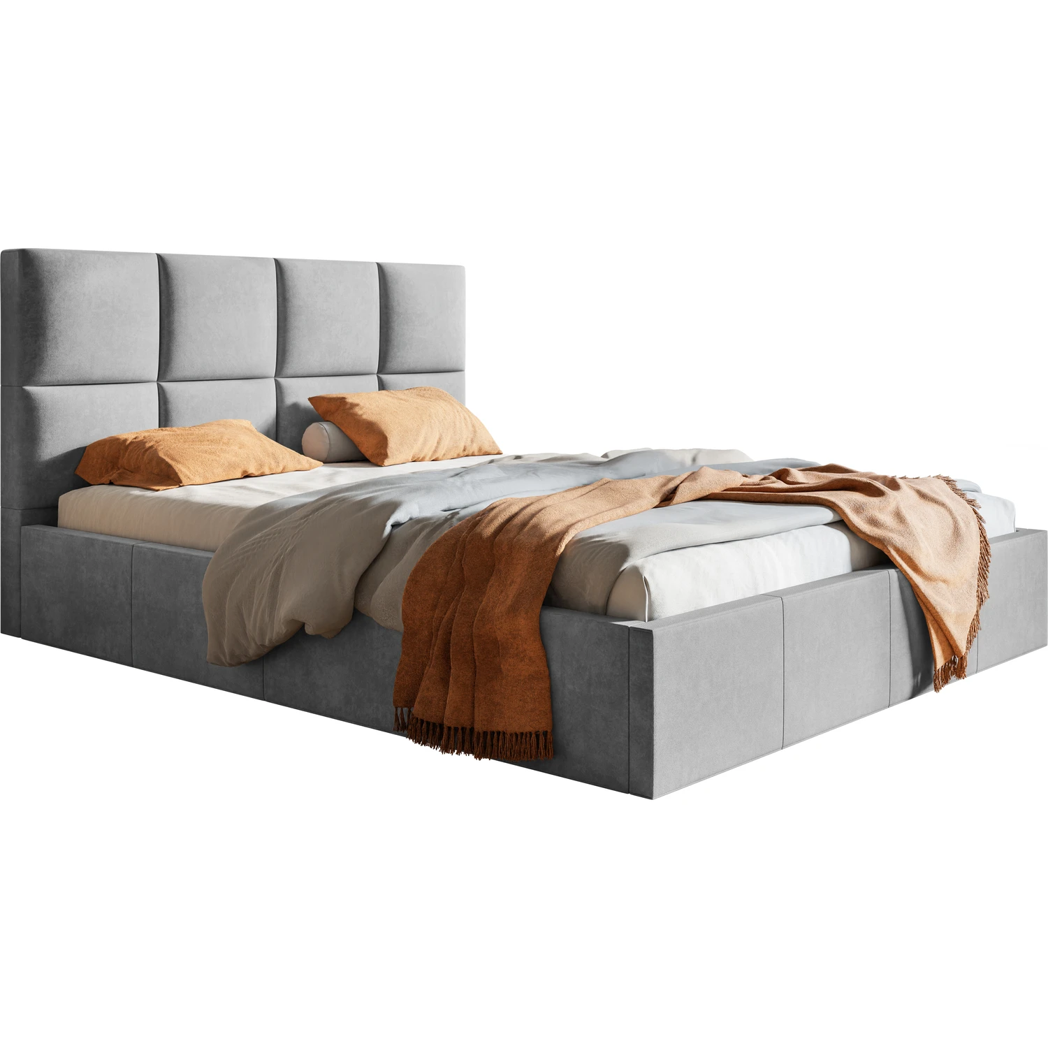 Beżowe łóżko sypialniane 180x200 welur z pojemnikiem na pościel COMFY Duże łóżko tapicerowane 180x200 szare z pojemnikiem COMFY