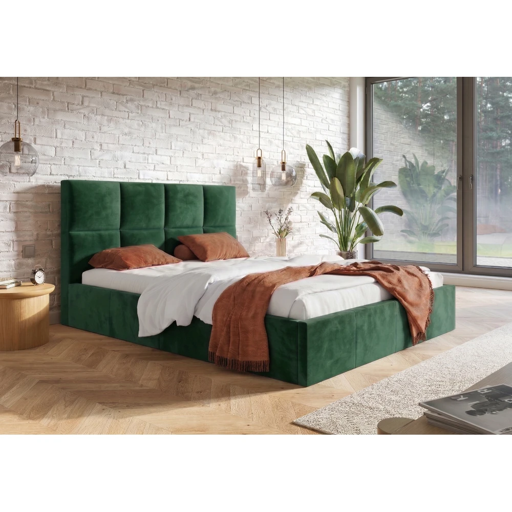 Beżowe welurowe łóżko tapicerowane 120x200 cm z pojemnikiem COMFY Nowoczesne łóżko tapicerowane 120x200 z pojemnikiem COMFY butelkowa zieleń