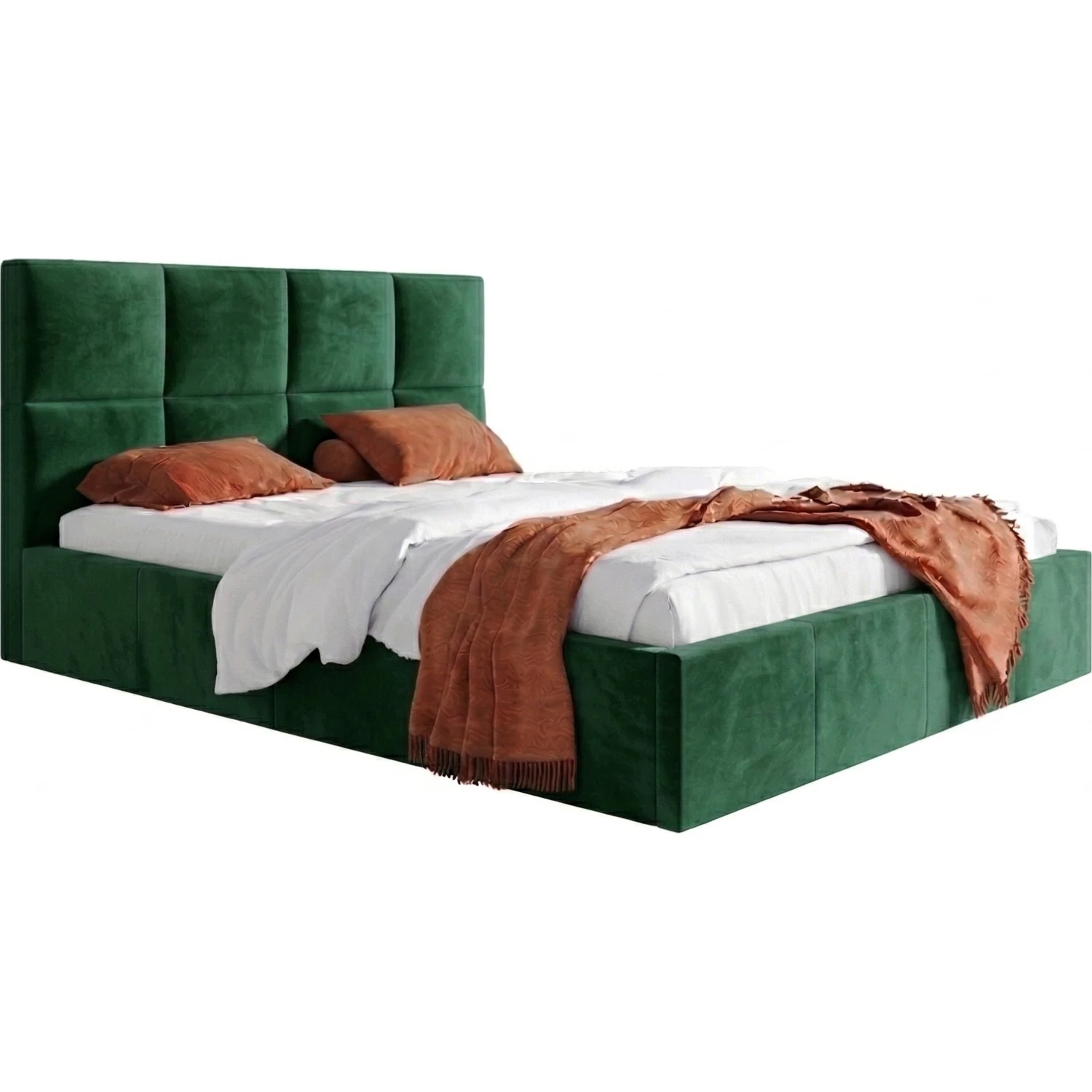 Beżowe łóżko sypialniane 180x200 welur z pojemnikiem na pościel COMFY Łóżko tapicerowane zielone 180x200 z pojemnikiem butelkowa zieleń COMFY
