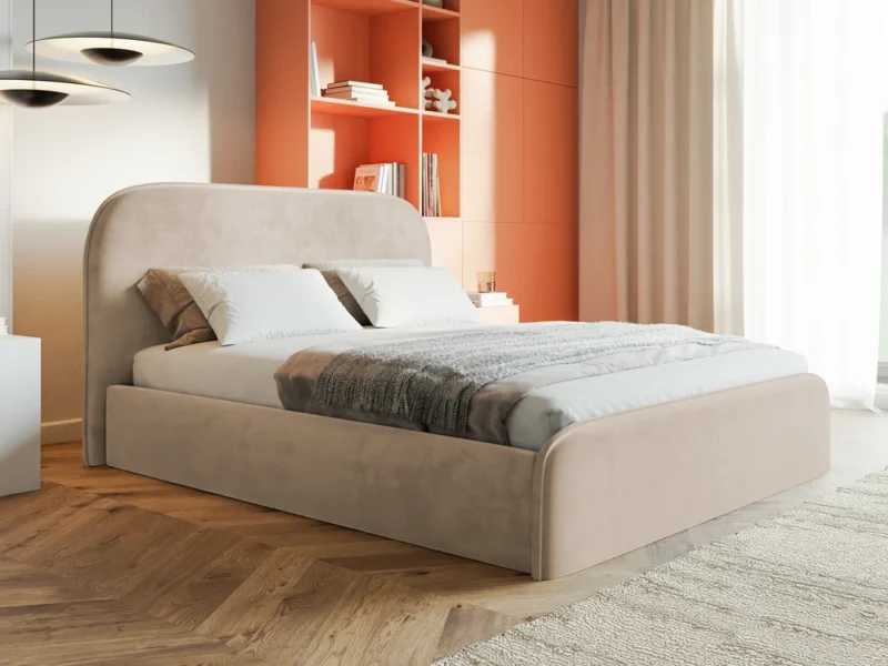 Dwuosobowe łóżko tapicerowane z pojemnikiem 120x200 cm CANDY beżowy welur Dwuosobowe łóżko tapicerowane z pojemnikiem 120x200 cm CANDY beżowy welur