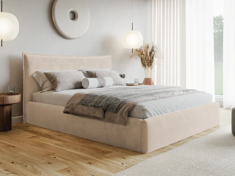 Dwuosobowe łóżko tapicerowane z pojemnikiem 120x200 cm MODERN beżowy welur Dwuosobowe łóżko tapicerowane z pojemnikiem 120x200 cm MODERN beżowy welur