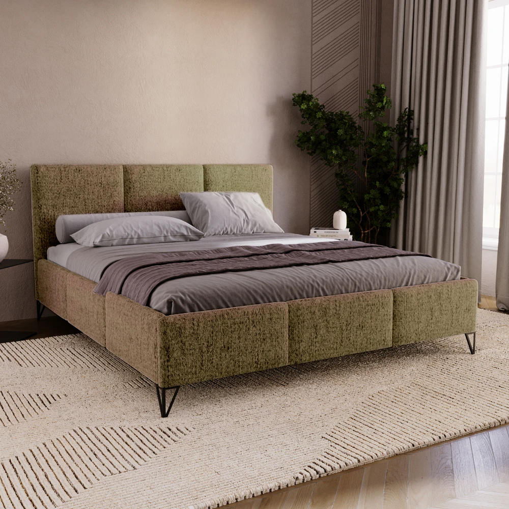 Nowoczesne łóżko tapicerowane 200x200 cm z pojemnikiem LENA szara plecionkla Komfortowe łóżko tapicerowane 200x200 cm z pojemnikiem do sypialni LENA
