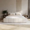 Łóżko tapicerowane z pojemnikiem 200x200 cm FANCY niebieskie boucle