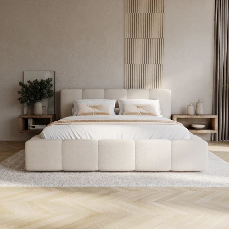 wiz1_UNISTYL_ZAM13_View02 kopia Beżowe łóżko boucle tapicerowane 160x200 cm z pojemnikiem Fancy