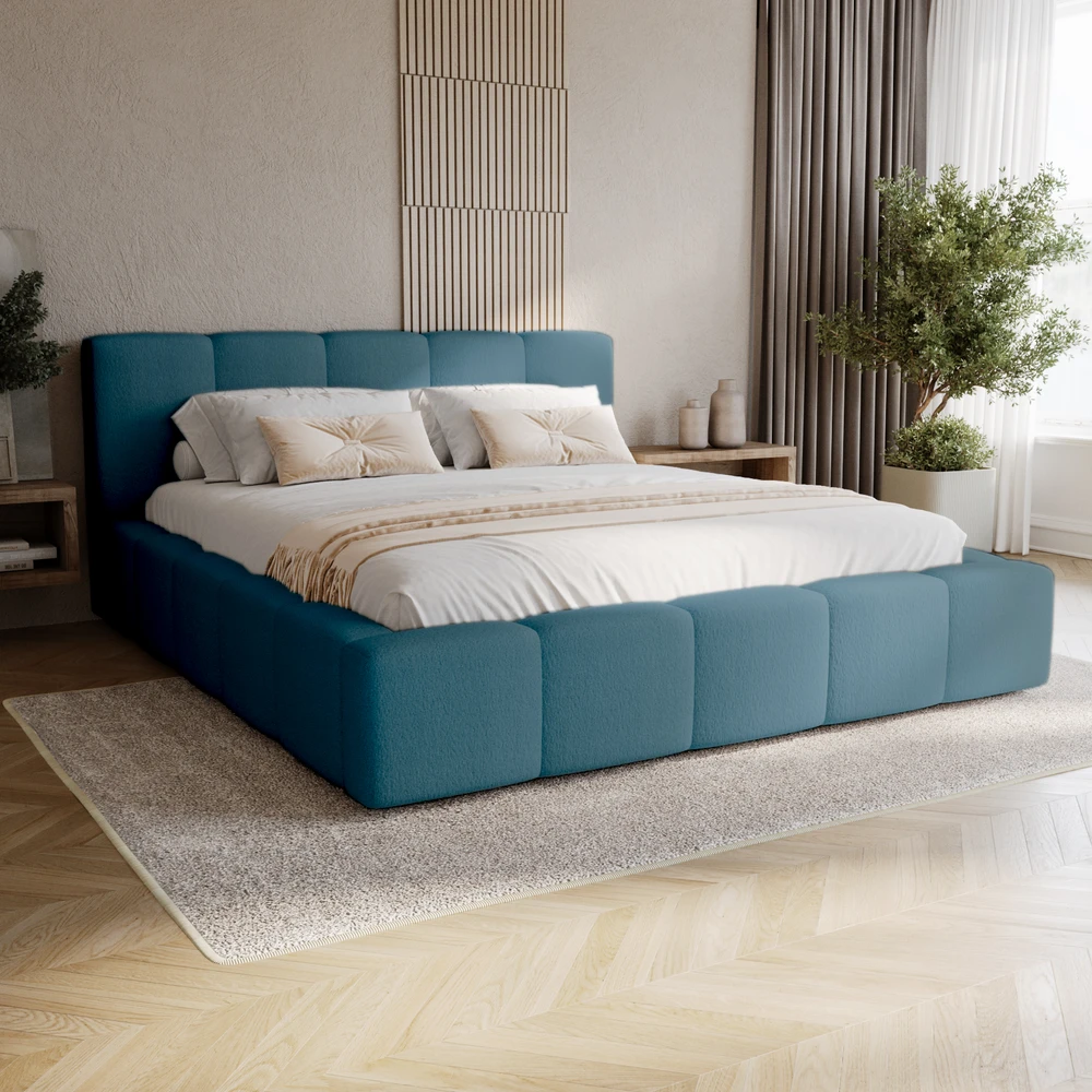 Beżowe łóżko boucle tapicerowane 160x200 cm z pojemnikiem FANCY Łóżko tapicerowane z pojemnikiem 160x200 cm FANCY niebieskie boucle