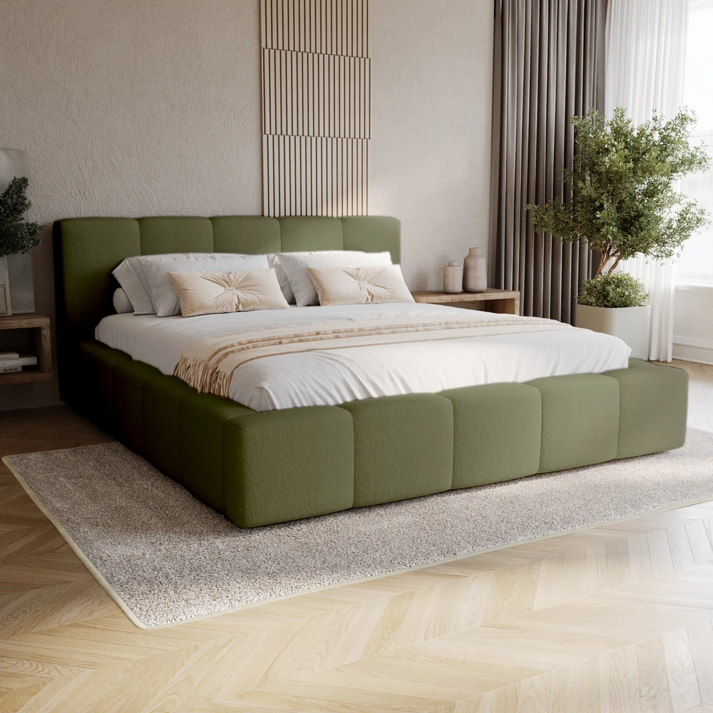 Beżowe łóżko boucle tapicerowane 160x200 cm z pojemnikiem FANCY Zielone łóżko boucle z pojemnikiem i stelażem 160x200 cm FANCY