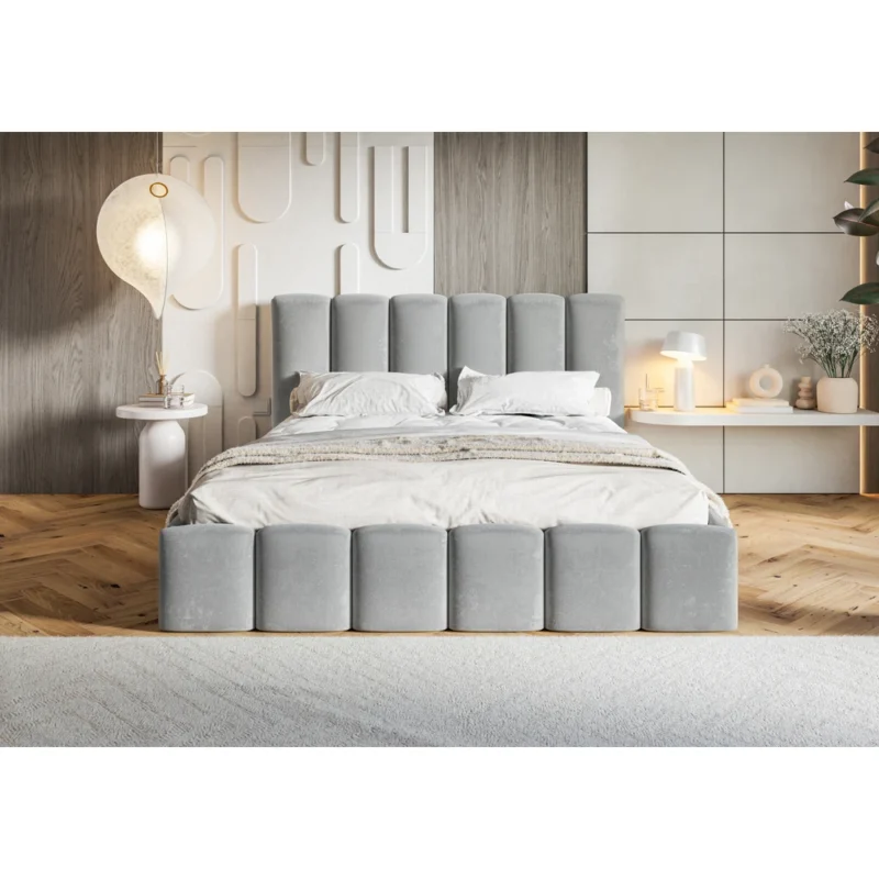 Małżeńskie beżowe welurowe łóżko tapicerowane 200x200 cm z pojemnikiem CLOUD Małżeńskie beżowe welurowe łóżko tapicerowane 200x200 cm z pojemnikiem CLOUD