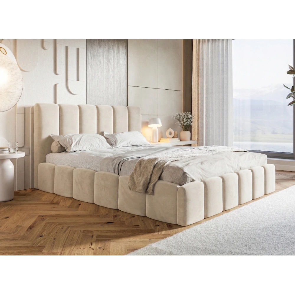 Małżeńskie beżowe welurowe łóżko tapicerowane 200x200 cm z pojemnikiem CLOUD Małżeńskie beżowe welurowe łóżko tapicerowane 200x200 cm z pojemnikiem CLOUD