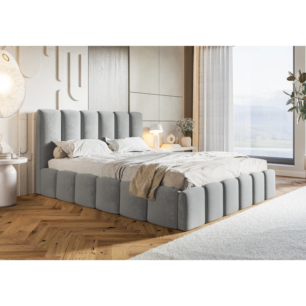 Małżeńskie beżowe welurowe łóżko tapicerowane 200x200 cm z pojemnikiem CLOUD Szare łóżko małżeńskie 200x200 cm welurowe z pojemnikiem CLOUD