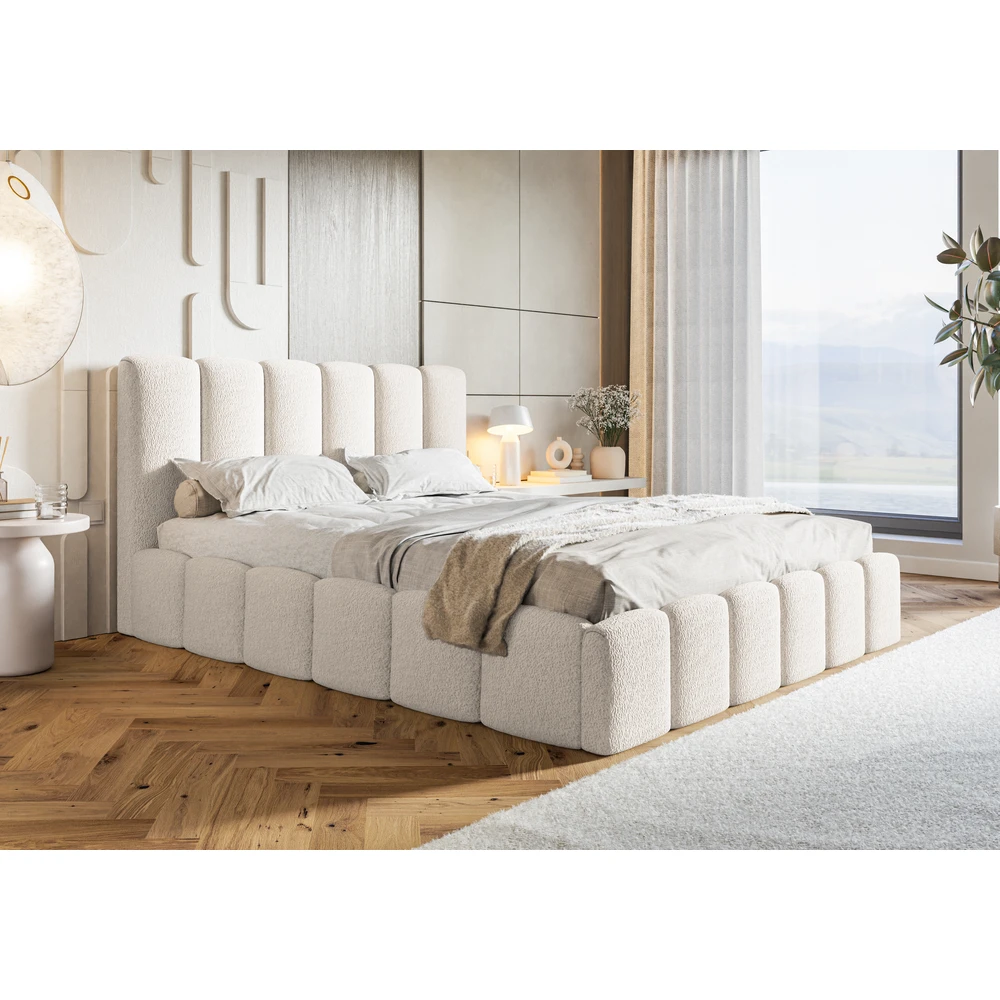 Małżeńskie beżowe welurowe łóżko tapicerowane 200x200 cm z pojemnikiem CLOUD Kremowe łóżko boucle do sypialni 200x200 cm z pojemnikiem CLOUD