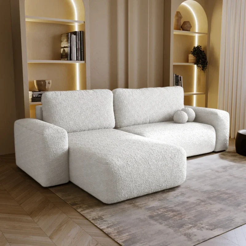 Nowoczesny narożnik do salonu z funkcją spania FILO boucle ecru Nowoczesny narożnik do salonu z funkcją spania FILO boucle ecru