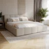 Nowoczesne beżowe łóżko tapicerowane z pojemnikiem 180x200 cm FANCY boucle