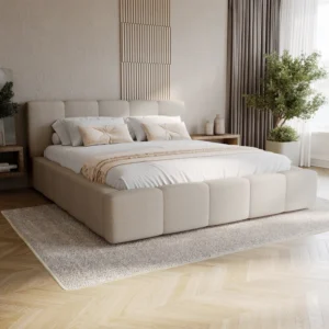 Beżowe łóżko boucle tapicerowane 160x200 cm z pojemnikiem FANCY Beżowe łóżko boucle tapicerowane 160x200 cm z pojemnikiem FANCY