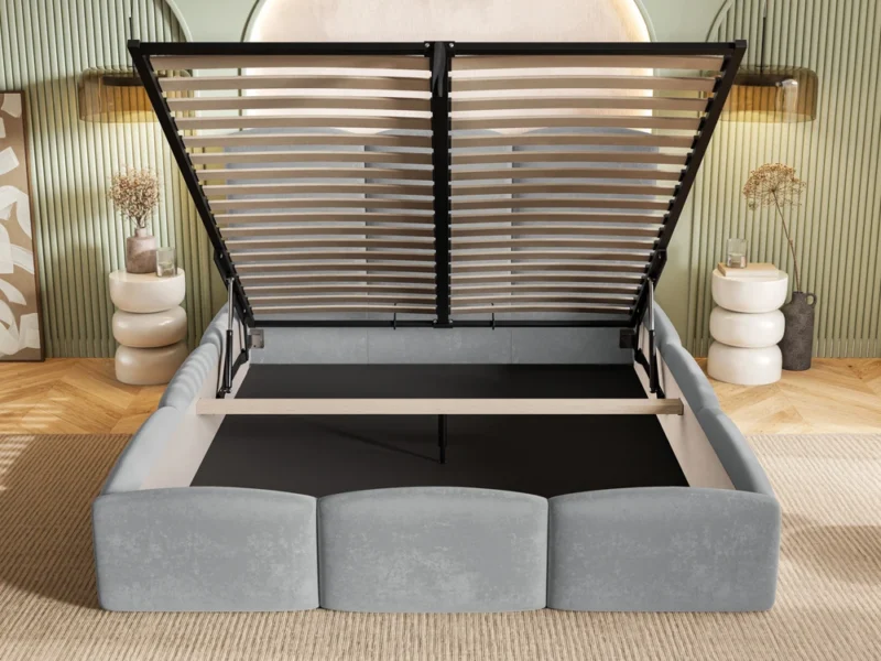 Slim_13_Stelaz_Metalowy_Front Szare łóżko małżeńskie 200x200 cm do sypialni welurowe z pojemnikiem Comfort
