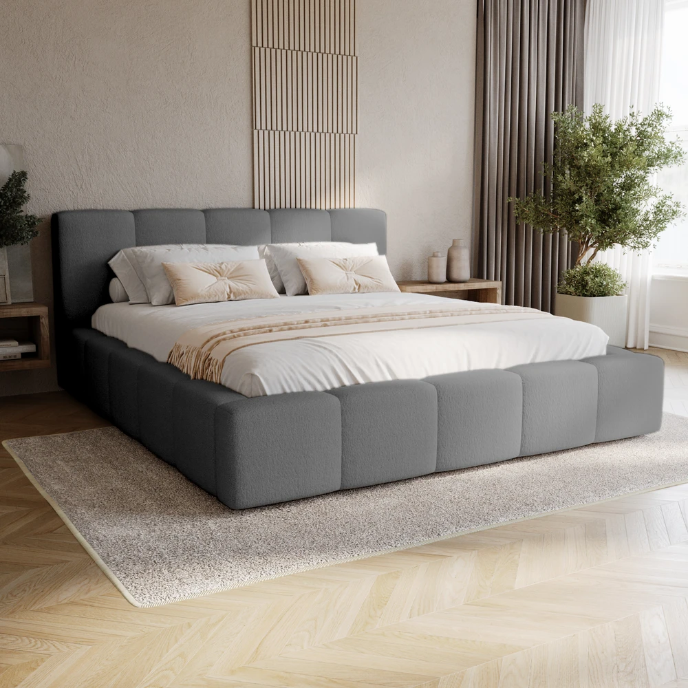 Beżowe łóżko boucle tapicerowane 160x200 cm z pojemnikiem FANCY Sypialniane łóżko tapicerowane z pojemnikiem 160x200 cm FANCY tkanina baranek