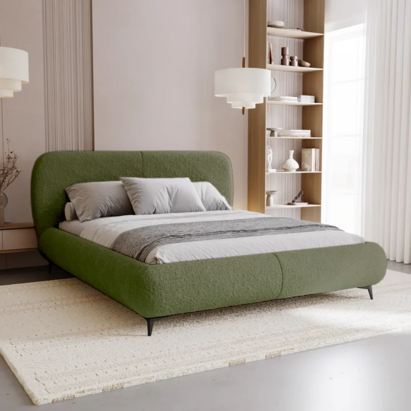 Zielone łóżko tapicerowane 160x200 cm do sypialni z pojemnikiem MONTI Zielone łóżko tapicerowane 160x200 cm do sypialni z pojemnikiem MONTI