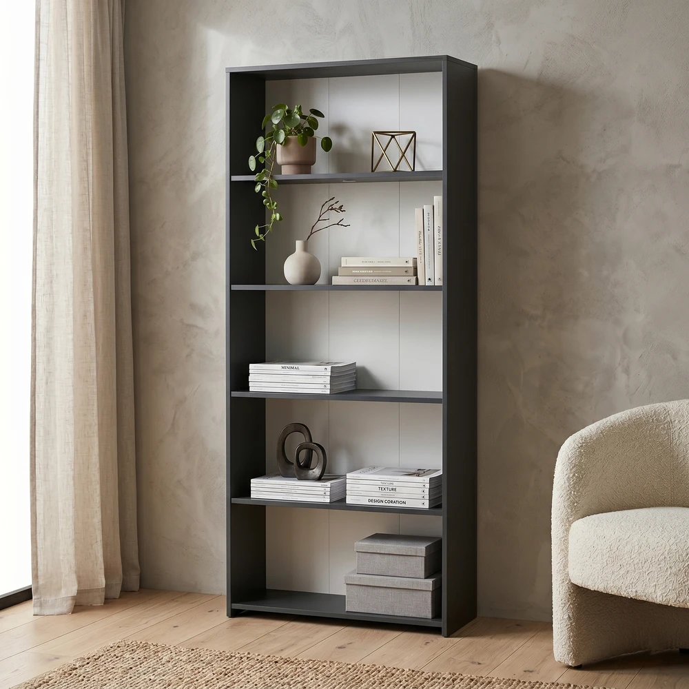 Loftowy regał na książki 80 cm do salonu EVO Antracytowy regał na książki 80 cm do salonu EVO