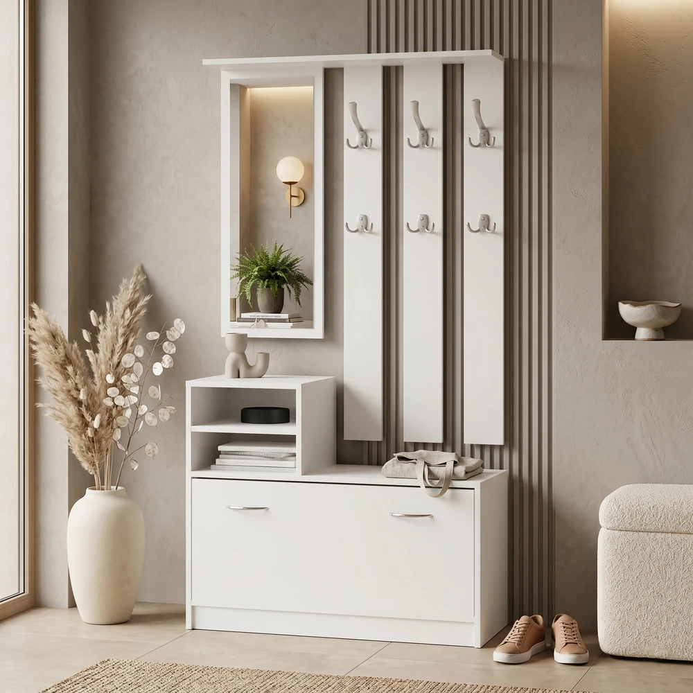 Garderoba z lustrem i wieszakami 120 cm do przedpokoju LESTI antracytowa Biała garderoba do przedpokoju z lustrem 120 cm i wieszakami LESTI
