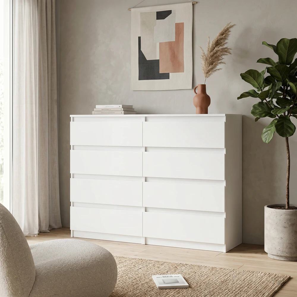 Nowoczesna komoda 140 cm z szufladami EVO dąb artisan Biała komoda 140 cm z ośmioma szufladami EVO do sypialni