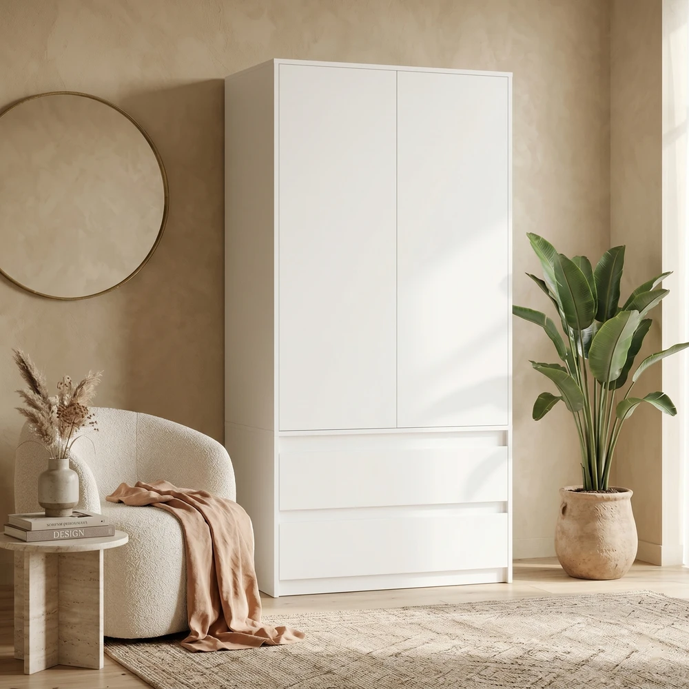 Szafa uchylna z szufladami 90 cm i półkami EVO Biała szafa uchylna 90 cm z szufladami i półkami EVO