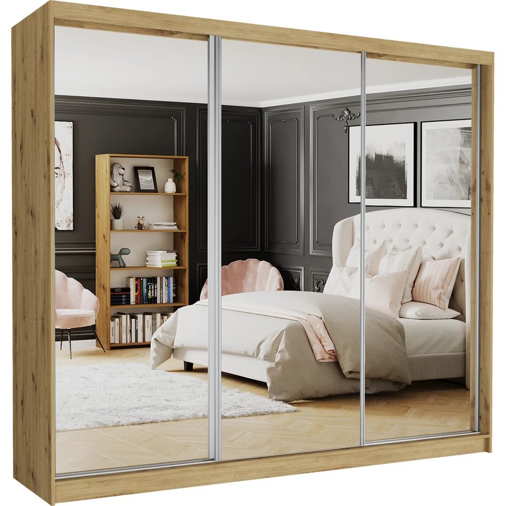 Duża czarna szafa przesuwna 250 cm z lustrem trzydrzwiowa VISION Duża szafa przesuwna 250 cm z lustrem do sypialni VISION dąb artisan