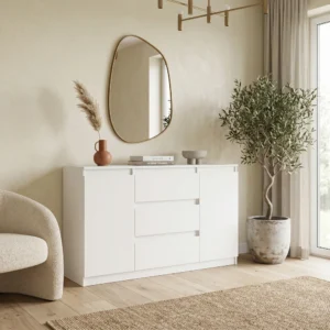 Dwudrzwiowa biała komoda 140 cm z szufladami i półkami EVO Dwudrzwiowa biała komoda 140 cm z szufladami i półkami EVO