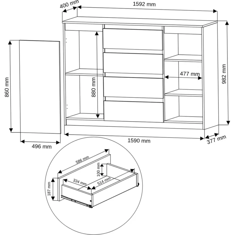 Dwudrzwiowa komoda 160 cm z szufladami i półkami EVO Dwudrzwiowa komoda 160 cm z szufladami i półkami EVO