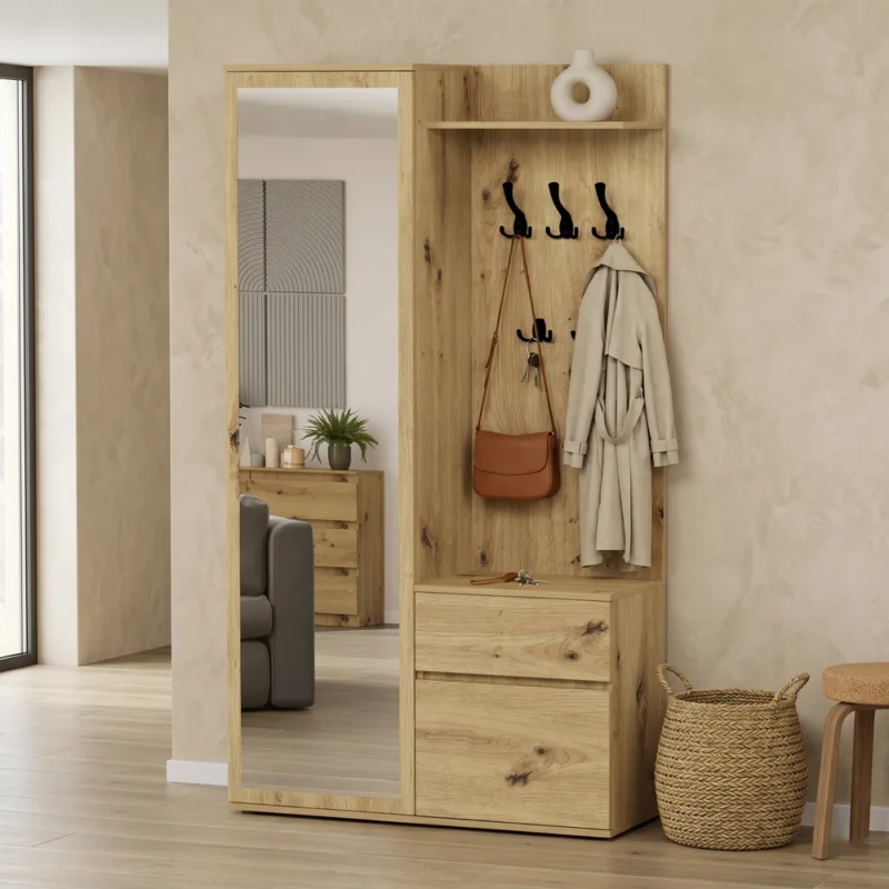 Garderoba do przedpokoju 120 cm z lustrem i wieszakami BILL dąb artisan Garderoba do przedpokoju 120 cm z lustrem i wieszakami BILL dąb artisan