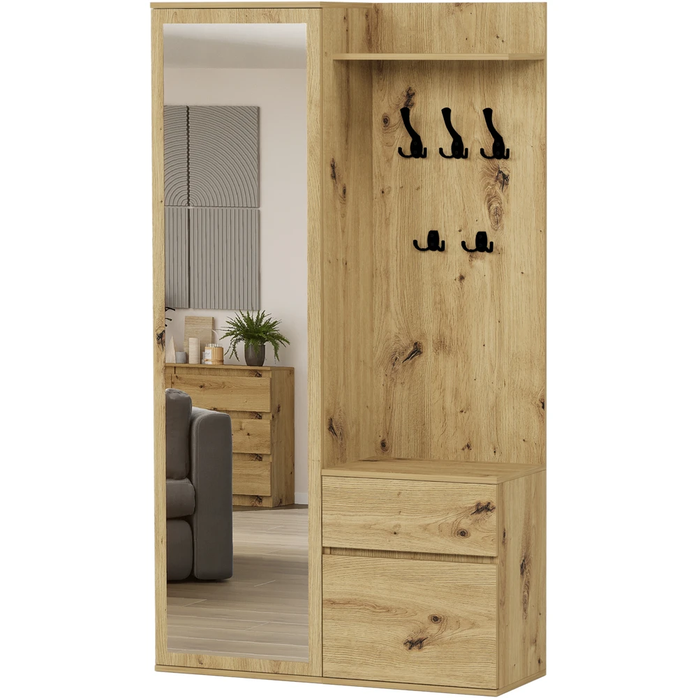 Biała garderoba do przedpokoju z lustrem 120 cm i wieszakami BILL Garderoba do przedpokoju 120 cm z lustrem i wieszakami BILL dąb artisan