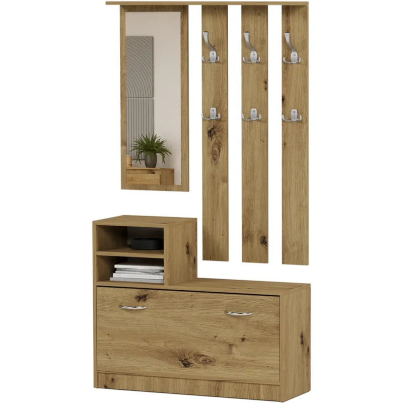 Garderoba do przedpokoju 120 cm z lustrem i wieszakami LESTI dąb artisan Garderoba do przedpokoju 120 cm z lustrem i wieszakami LESTI dąb artisan
