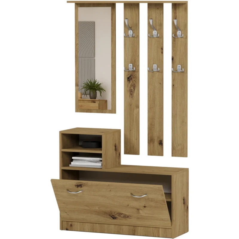 Garderoba do przedpokoju 120 cm z lustrem i wieszakami LESTI dąb artisan Garderoba do przedpokoju 120 cm z lustrem i wieszakami LESTI dąb artisan