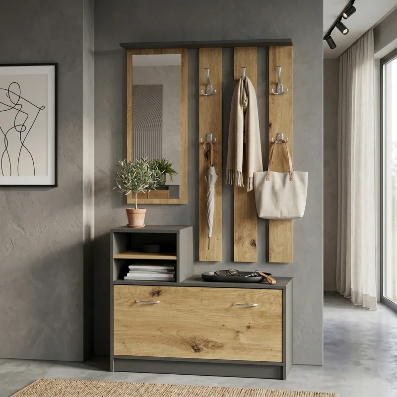 Garderoba z lustrem i wieszakami 120 cm do przedpokoju LESTI Garderoba z lustrem i wieszakami 120 cm do przedpokoju LESTI