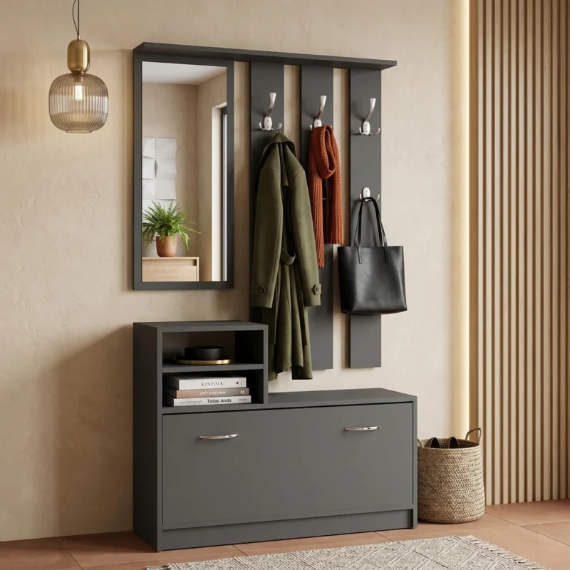 Garderoba z lustrem i wieszakami 120 cm do przedpokoju LESTI antracytowa Garderoba z lustrem i wieszakami 120 cm do przedpokoju LESTI antracytowa