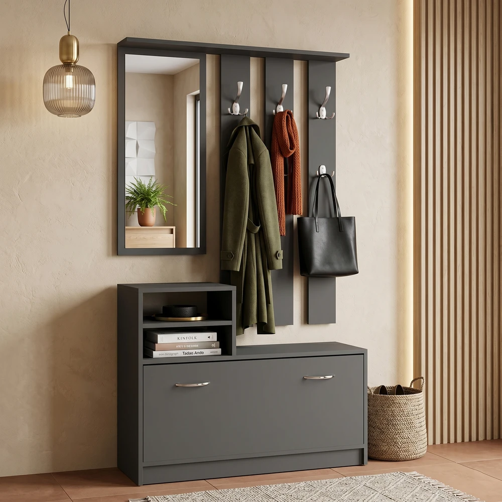Garderoba z lustrem i wieszakami 120 cm do przedpokoju LESTI antracytowa Garderoba z lustrem i wieszakami 120 cm do przedpokoju LESTI antracytowa