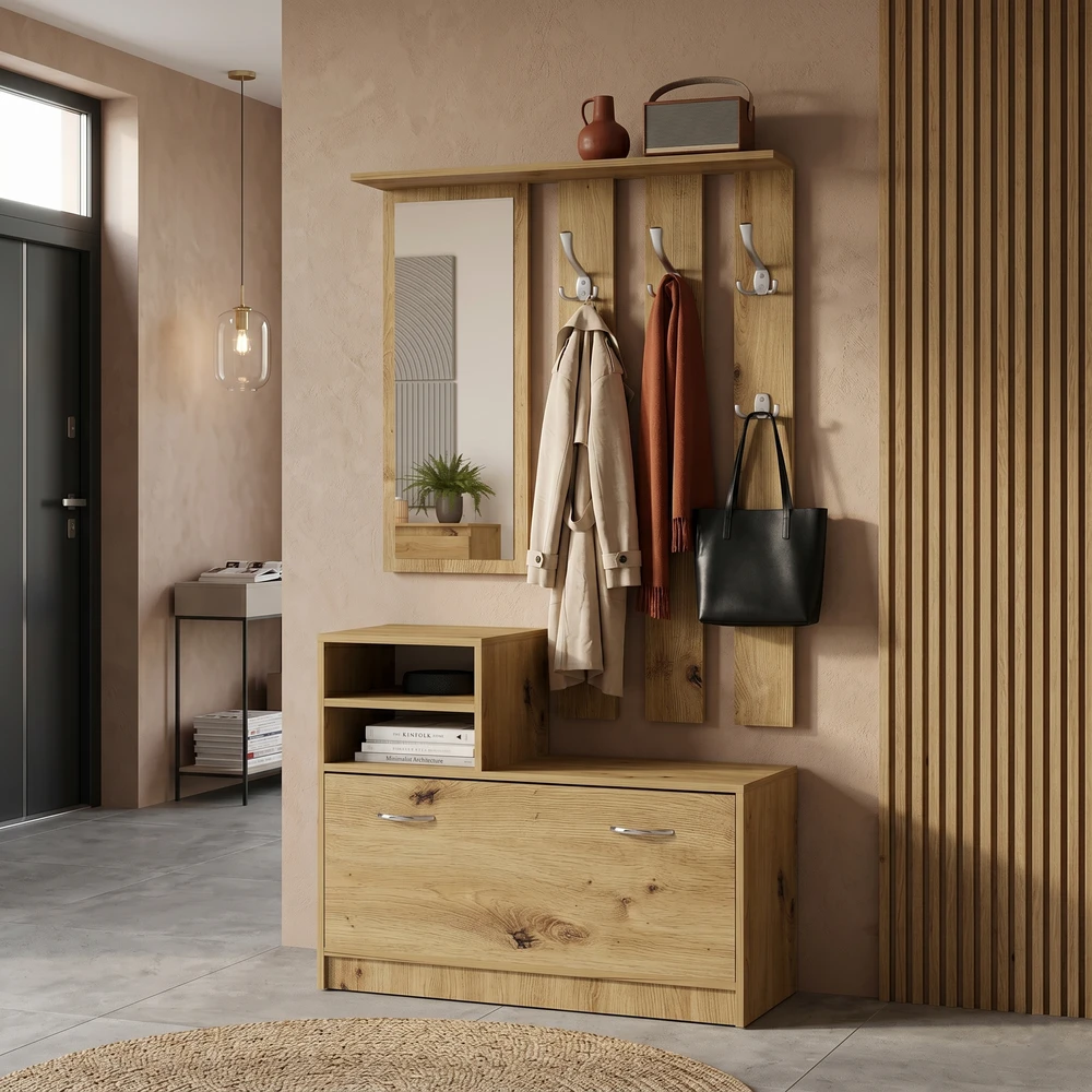 Garderoba z lustrem i wieszakami 120 cm do przedpokoju LESTI antracytowa Garderoba do przedpokoju 120 cm z lustrem i wieszakami LESTI dąb artisan
